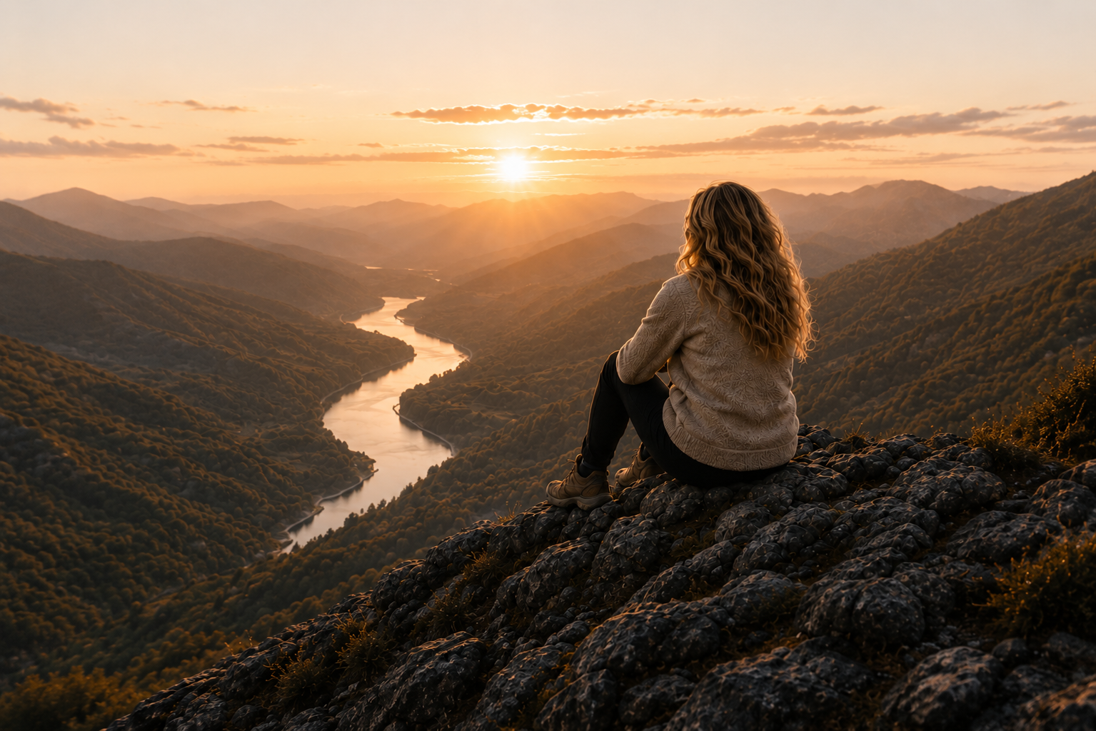 A person looking across a mountain valley at sunrise