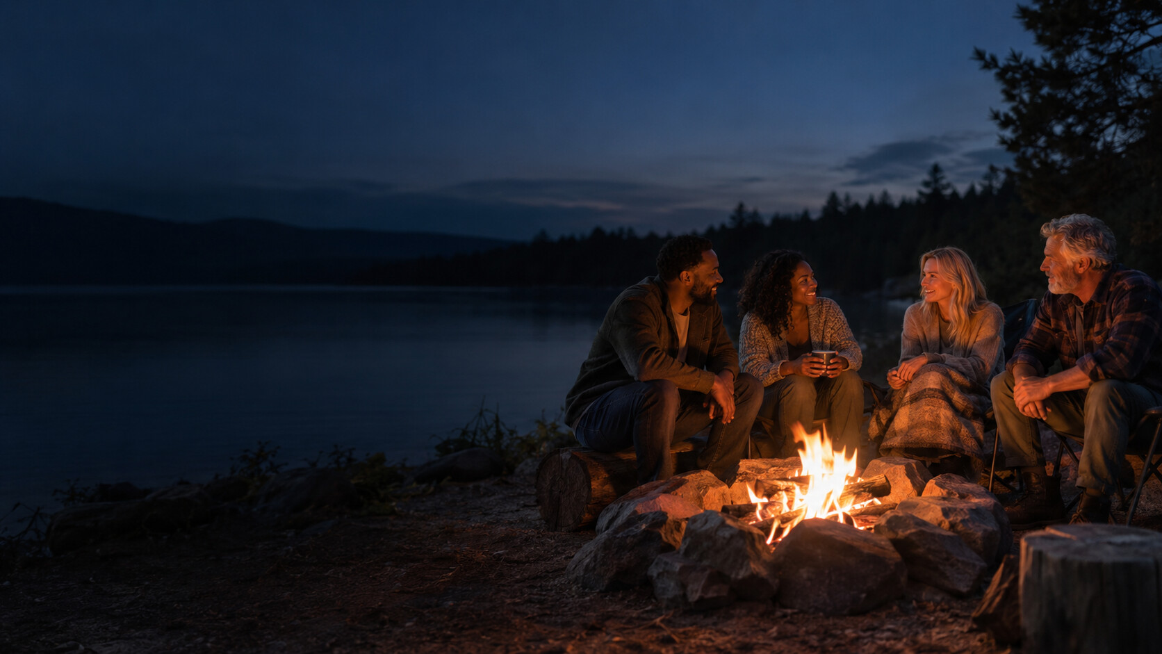Friends of different generations gathered in conversation around a campfire