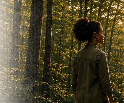 A person looking across a clear mountain landscape